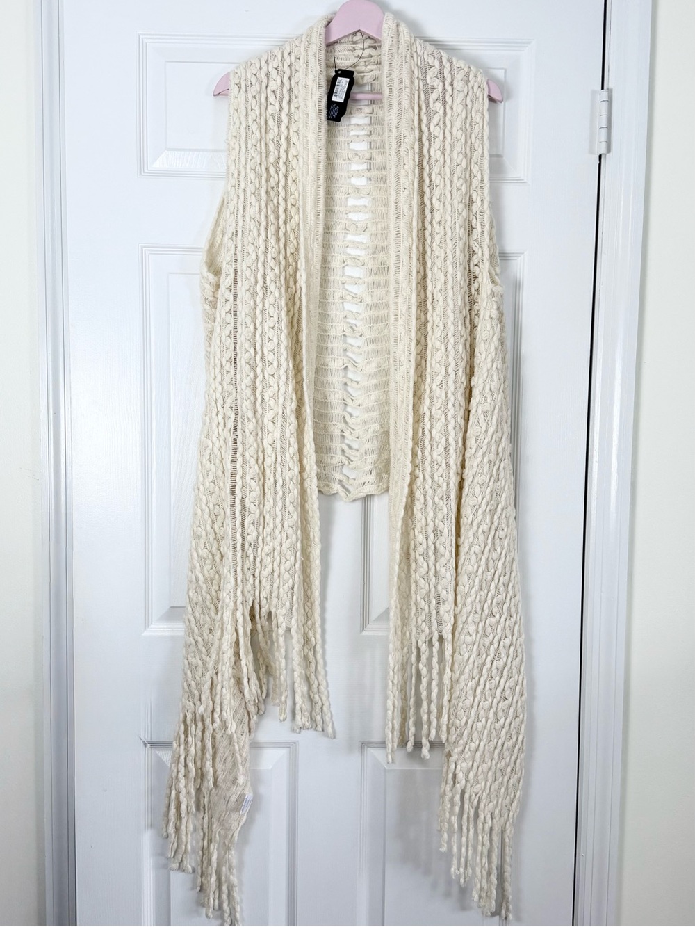 NEW B. Boutique Cream Crocheted Whimsigoth Fringe Wrap Shawl One Size